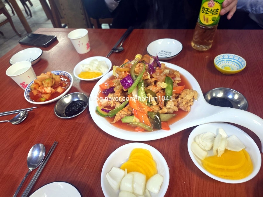 탕수육과 다양한 메뉴들. 색감이 살아있고 양도 푸짐합니다.