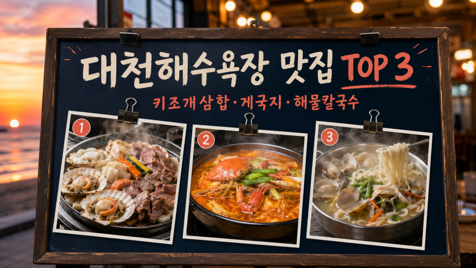 대천해수욕장 맛집 TOP3 안내 이미지. 키조개 삼합이 첫 번째로 소개돼 있습니다.
