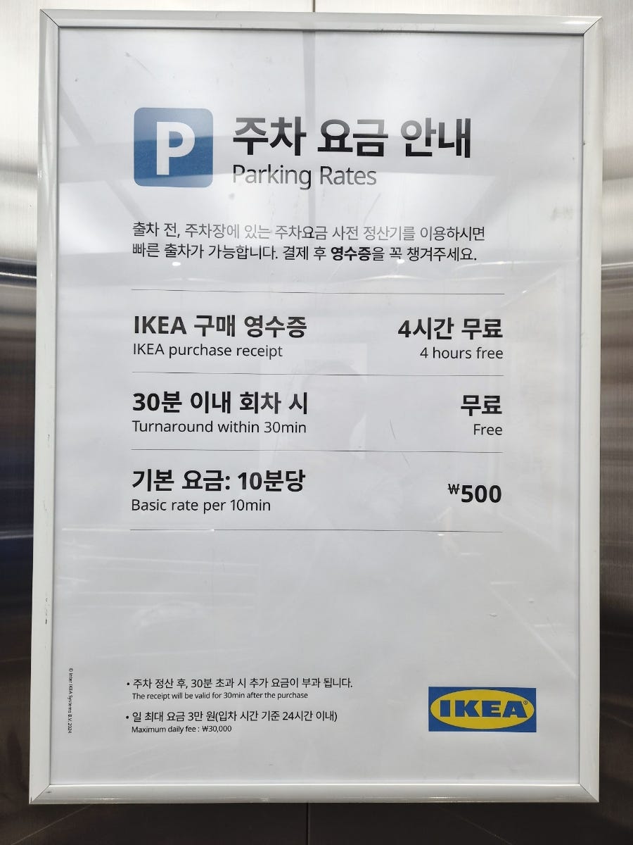 매장 안 주차 요금 안내판. 구매 영수증이 있으면 4시간이 무료로 처리되고, 기본 요금은 10분당 500원(일 최대 3만 원)입니다.