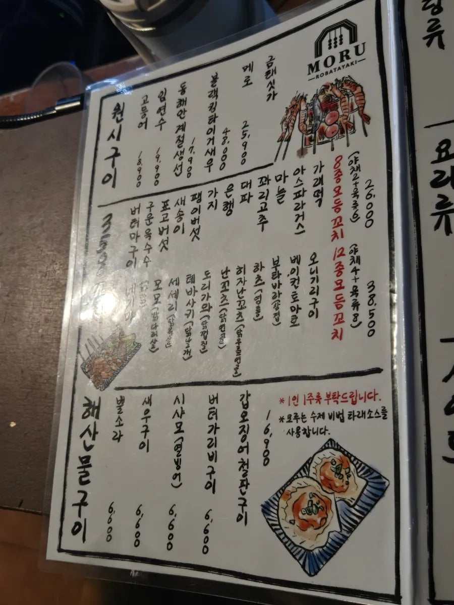 야키토리와 각종 꼬치 메뉴가 그려진 메뉴판