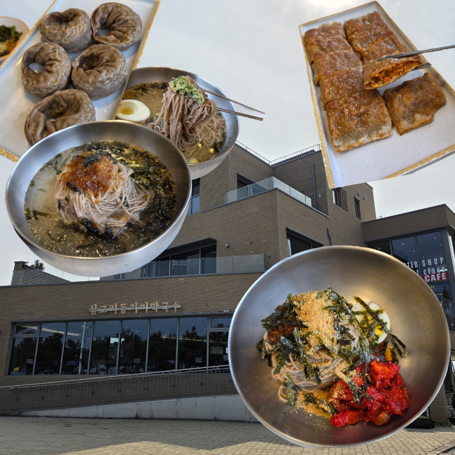 물막국수, 비빔막국수, 메밀전병, 만두까지 한 상에 담은 모습