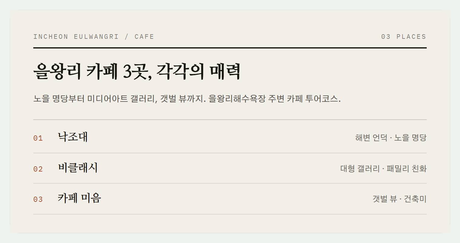 을왕리 카페 3곳 비교 (위부터: 낙조대, 비클래시, 카페 미음)