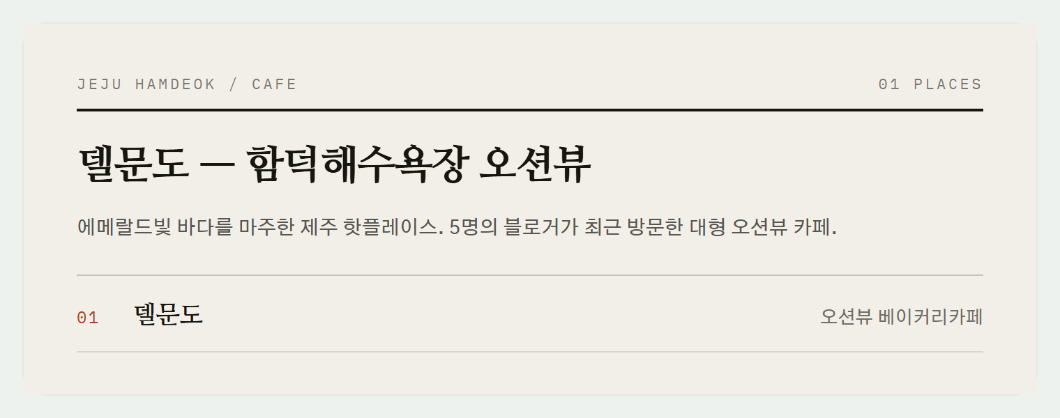 함덕해수욕장의 에메랄드 빛 바다를 마주한 델문도