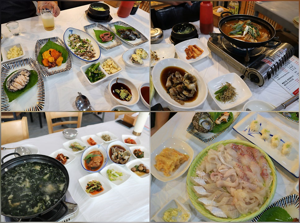 밑반찬부터 생선회, 매운탕까지 순서대로 이어지는 회 코스 상차림