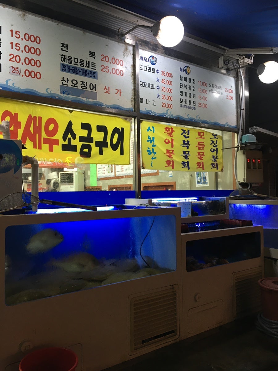 수족관 옆 가격표. 전복 20,000원, 해물모둠세트 25,000원(멍게+해삼+개불+전복), 도다리회·세꼬시, 활어물회부터 모둠물회까지 세세하게 적혀 있습니다.